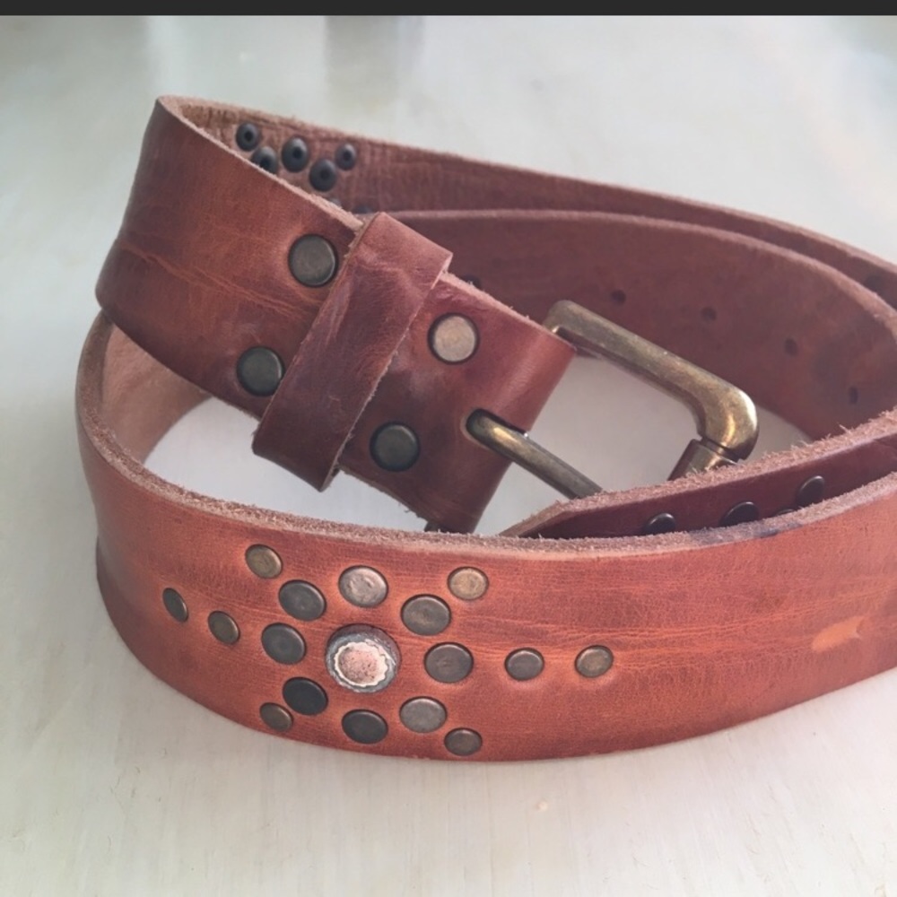 Anthropologie Brown Leather Studded Belt with Brass Buckle